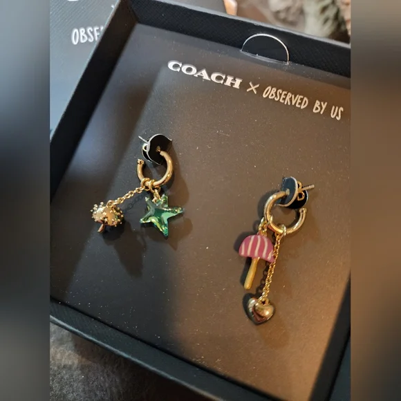 Coach X Observed By Us Gold Hoop Mushroom Heart Stsr Charm Earrings New In Box